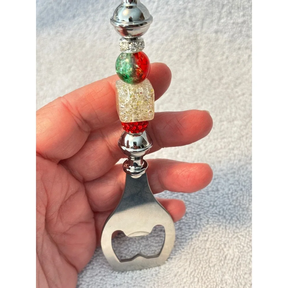 Handmade Beaded Bar Tool Set 3pc Red Silver Holiday Wine Stopper Bottle Opener